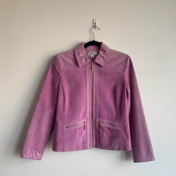ST JOHNS SPORT MARIE GRAY WOMENS LILAC PURPLE EMBOSSED LEATHER SUEDE JACKET SZ S - Picture 1 of 16